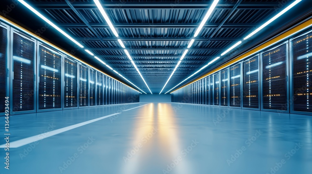 Data center and cooling system efficiency concept. Futuristic data center with illuminated aisles and storage racks. Data center and cooling system efficiency concept. Futuristic data center with illuminated aisles and storage racks.