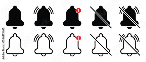Notification bell icon set. Alarm symbol.  Ringing bells with new notification. Notice message. Vector illustration.