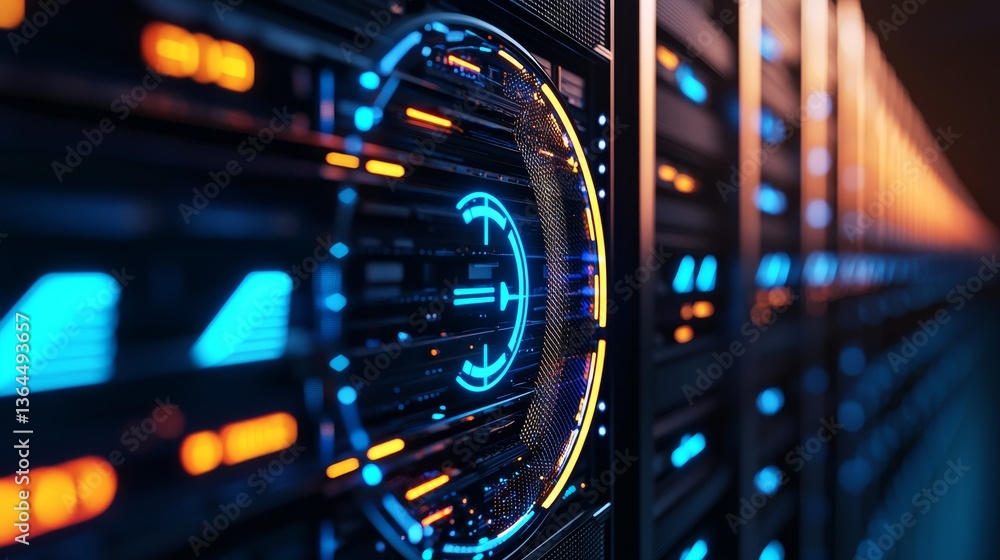 Naklejka premium Data center and cooling system efficiency concept. Futuristic data server with glowing lights and digital interfaces.