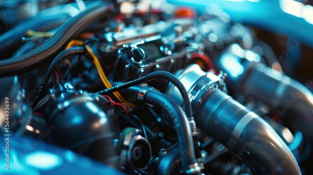 Close-up of a race car’s engine with high-tech components Close-up of a race car’s engine with high-tech components
