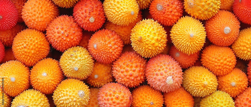 A collection of vibrant orange and yellow spiky fruits A collection of vibrant orange and yellow spiky fruits