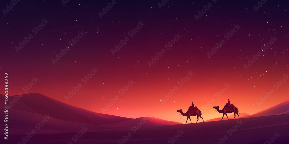 Fototapeta premium Desert camels at sunset create a silhouette on the sand dunes with wildlife in the Sahara landscape