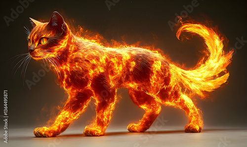 Fiery orange cat walking confidently across a dark background, flames flickering around its body
