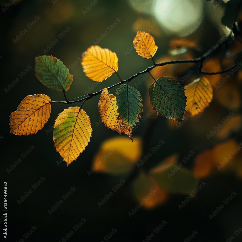 Fototapeta premium Autumn Leaves on a Branch: A Gentle Transition to Golden Hues in a Forest Setting