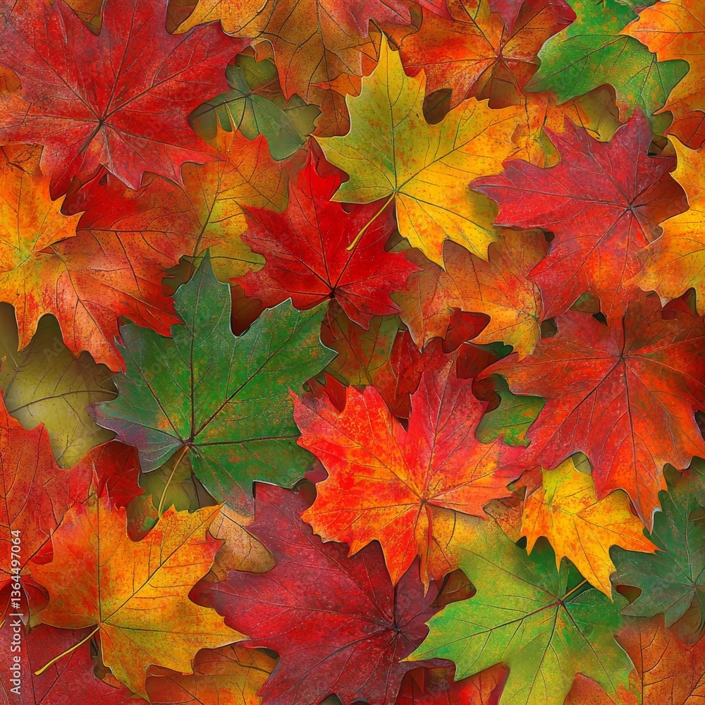 Fototapeta premium Colorful Autumn Symphony: A Vibrant Tapestry of Maple Leaves in Red, Orange, Yellow, and Green Hues