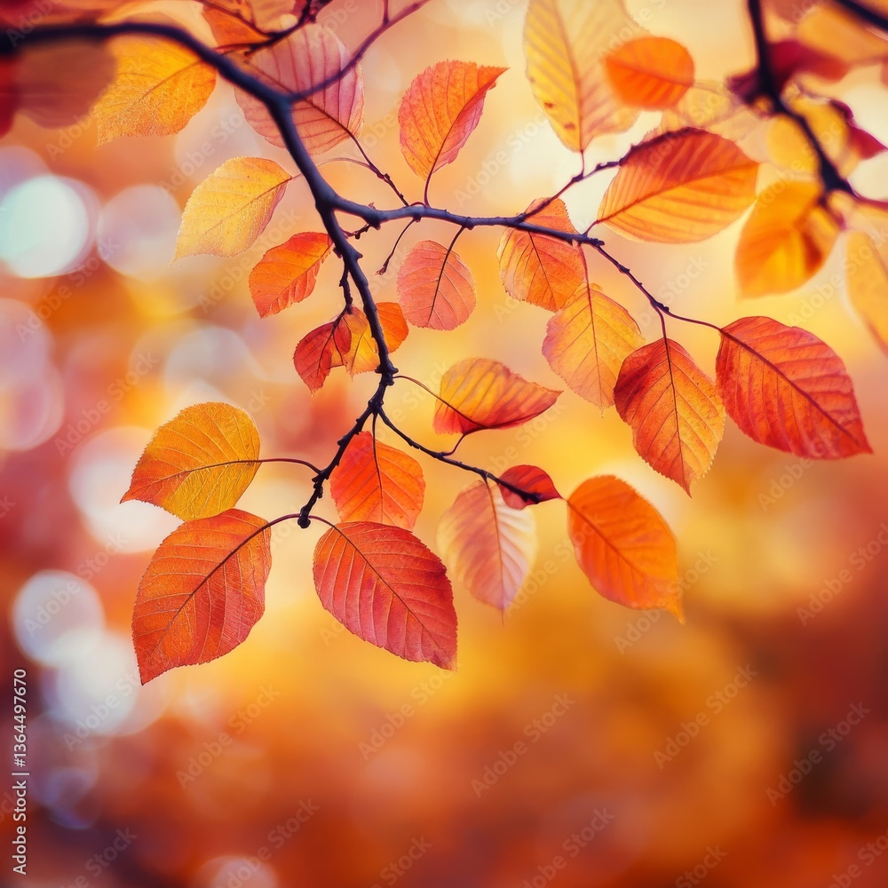Golden Autumn: Warm Hues of Fall Foliage on a Branch against a Blurred, Bokeh-Filled Background Golden Autumn: Warm Hues of Fall Foliage on a Branch against a Blurred, Bokeh-Filled Background