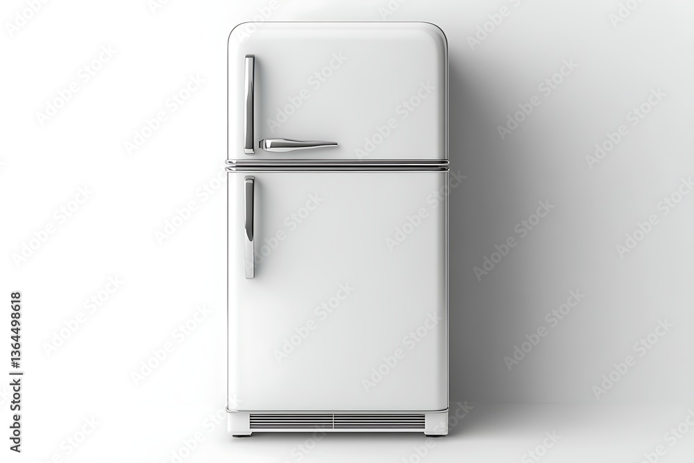 White retro refrigerator stands against white wall, showing kitchen appliance, food storage, or appliance design White retro refrigerator stands against white wall, showing kitchen appliance, food storage, or appliance design