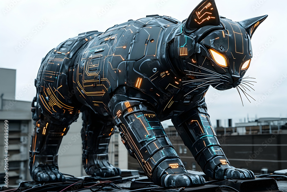 Futuristic robotic cat perched on a rooftop, glowing eyes surveying a cyberpunk cityscape Futuristic robotic cat perched on a rooftop, glowing eyes surveying a cyberpunk cityscape