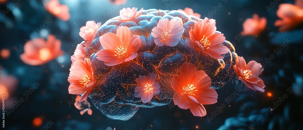 A surreal human brain intricately composed of vibrant blooming flowers A surreal human brain intricately composed of vibrant blooming flowers