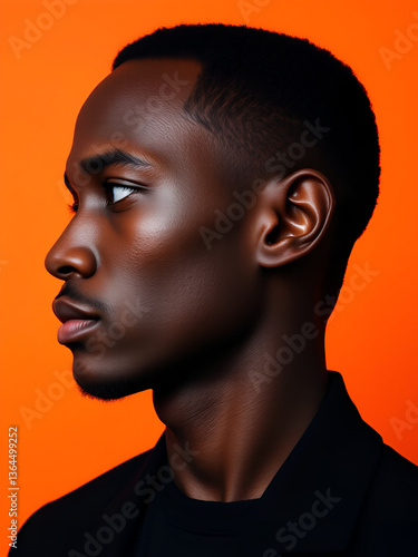 Pensive black man profile portrait on orange background