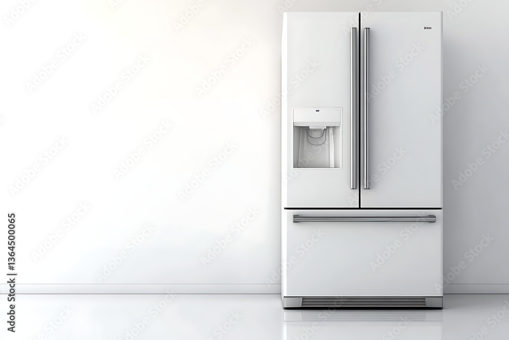 White refrigerator in a bright room, white background, for lifestyle, kitchen, food content White refrigerator in a bright room, white background, for lifestyle, kitchen, food content