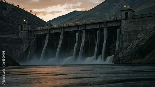 Majestic dam structure at sunset amidst mountainous landscape, showcasing hydroelectric power and natural beauty