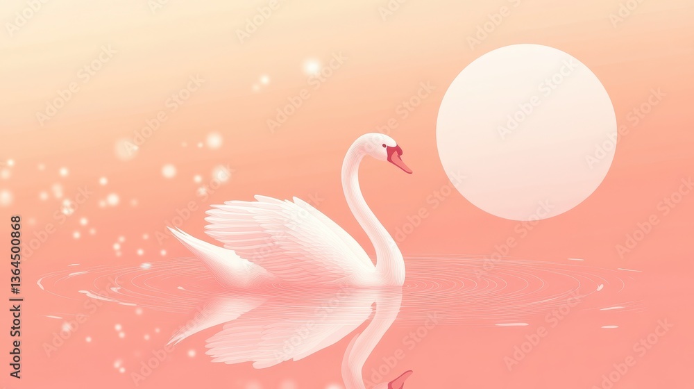 Naklejka premium Elegant White Swan Sunset Lake Pastel Art.