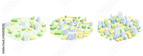 Set of map views. Urban planning for development smart city. 3D isometric city map. Detailed view of skyline with dense infrastructure and architecture. Vector illustration, isolated