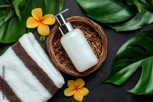 Relaxing Spa Setting with Moisturizing Lotion, Towel, Tropical Flowers, and Green Leaves