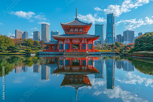  temple and city reflected in water