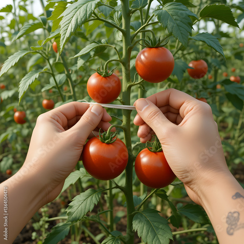 A highly detailed 3D rendering of hands gently tying up tomato plants with soft string, ensuring they grow upright