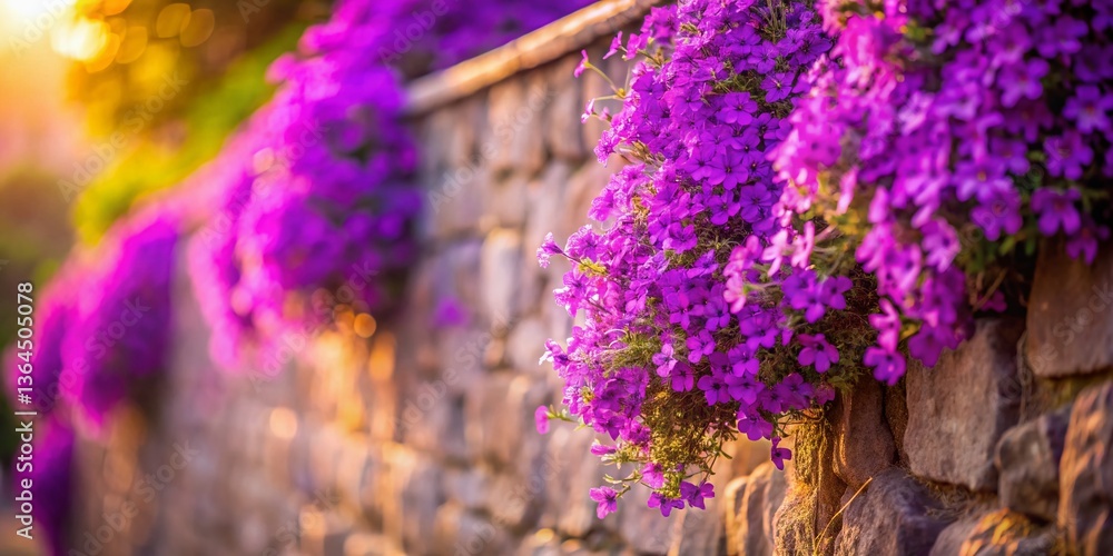 Obraz premium Purple Flowers Cascading Over Stone Wall - Long Exposure Photography