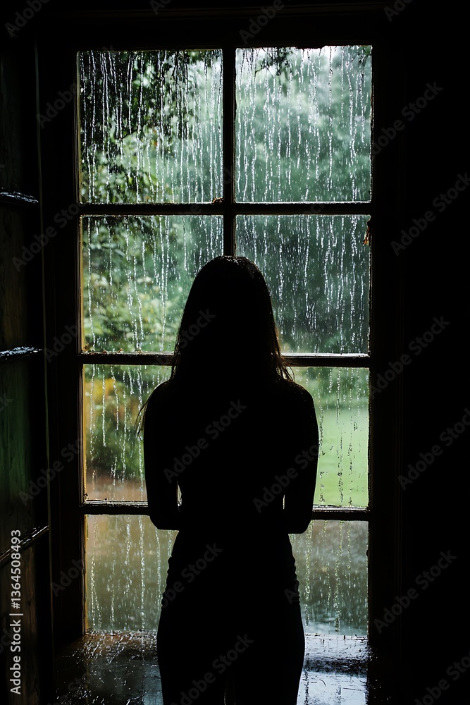 Obraz premium Woman looking at rainstreaked window.