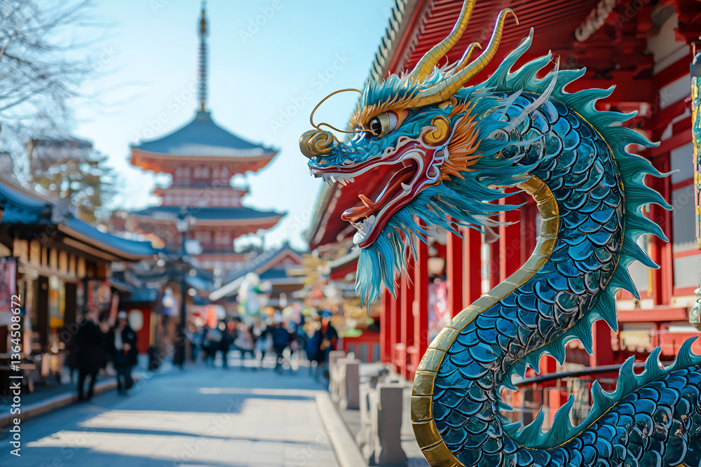 Fototapeta premium temple and city with a dragon dance