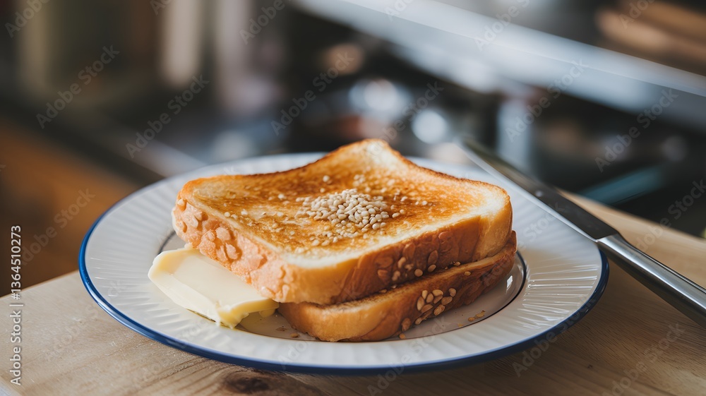 Toast with butter and sesame seeds served on a plate Toast with butter and sesame seeds served on a plate