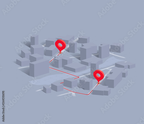 GPS navigation in middle of isometric skyscrapers, highlighted red route to POI. Location tracking and mapping concept, shortest road. 3D Minimalist vector illustration