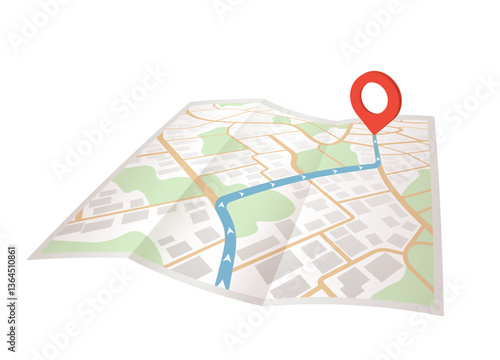 GPS navigation on folded paper map, highlighted blue route to red pin. Location tracking and mapping concept, clear path. Vector illustration.