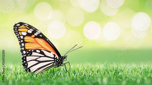 Monarch butterfly resting on grass with a dreamy bokeh background of softly glowing lights