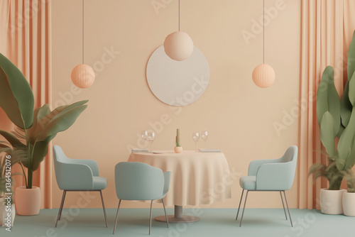 A stylized 3D pastel café interior with round chairs, wall art, and soft window light in a cozy scene. A whimsical diorama evoking comfort, social warmth, and modern aesthetic charm.

