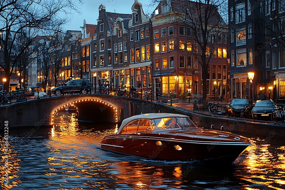 Naklejka premium Luxury Motorboat on Canal at Twilight