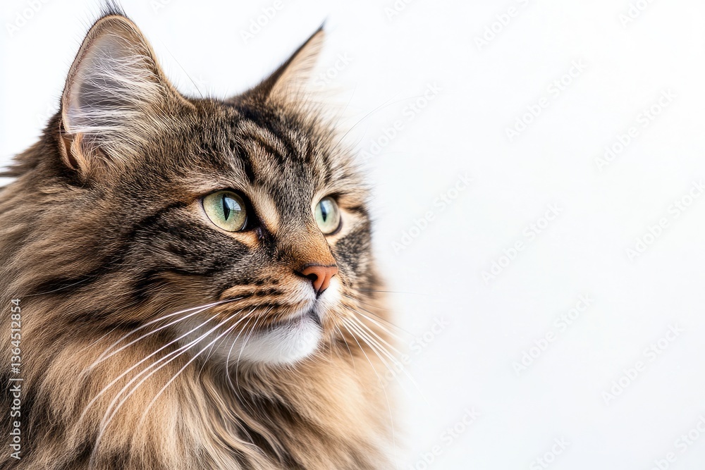 Norwegian forest cat with long thick fur, sharp whiskers, piercing eyes, isolated. Norwegian forest cat with long thick fur, sharp whiskers, piercing eyes, isolated.