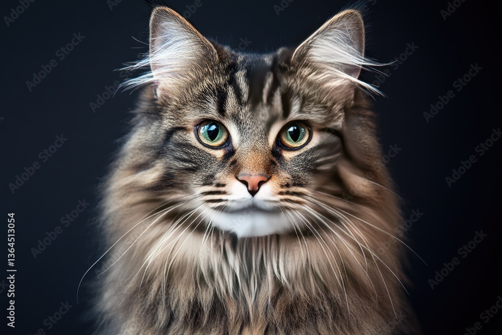 Norwegian forest cat with long thick fur, sharp whiskers, piercing eyes, isolated. Norwegian forest cat with long thick fur, sharp whiskers, piercing eyes, isolated.