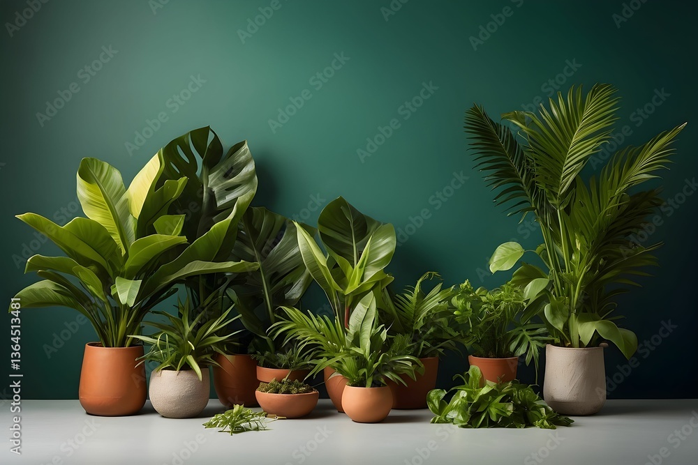 Fototapeta premium Indoor garden arrangement featuring various lush plants in earthen pots against a dark green backdrop during daylight hours for a tranquil atmosphere Generative AI