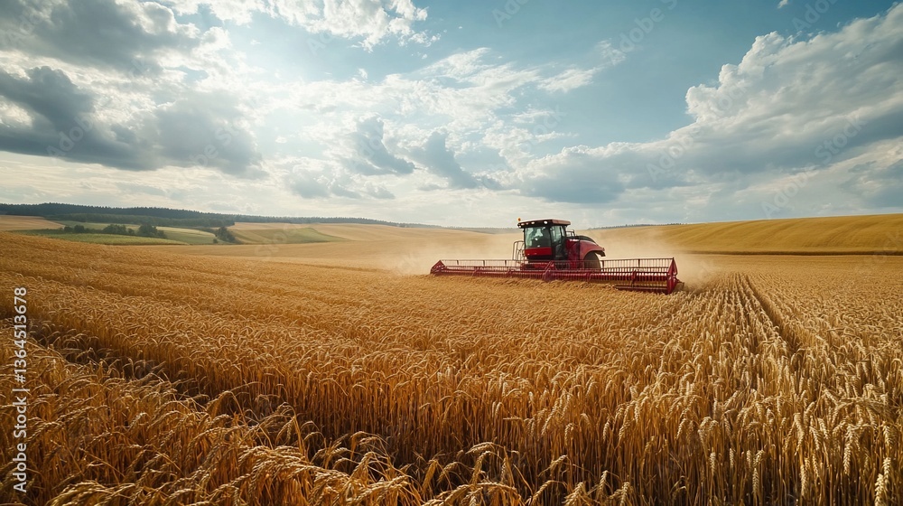 Fototapeta premium Harvest season landscape featuring combine harvester in golden wheat field