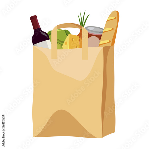 Paper grocery bag filled with food items like bread, cheese, vegetables, and wine on a white background. Shopping and food concept. Vector illustration