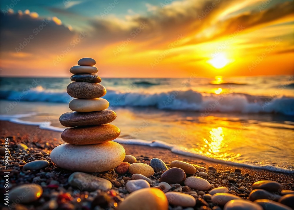 Fototapeta premium Serene Sunset Beach: Stacked Stones & Tranquil Ocean View