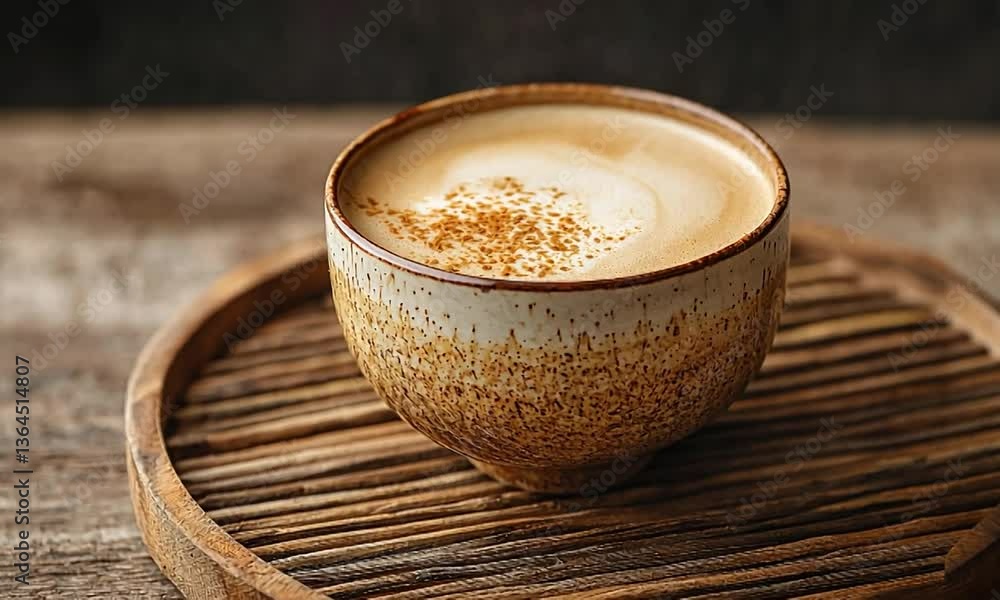 Warm latte in a rustic bowl on a wooden tray, with a blurred background of natural textures Warm latte in a rustic bowl on a wooden tray, with a blurred background of natural textures