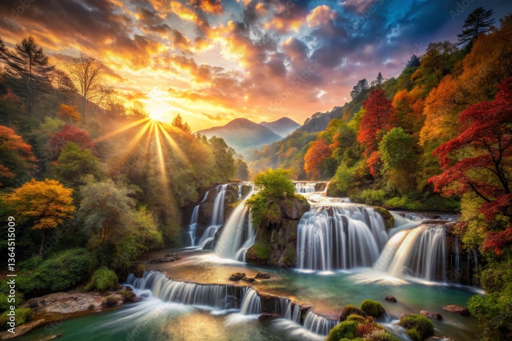 Obraz premium Autumn Waterfall Landscape at Sunset
