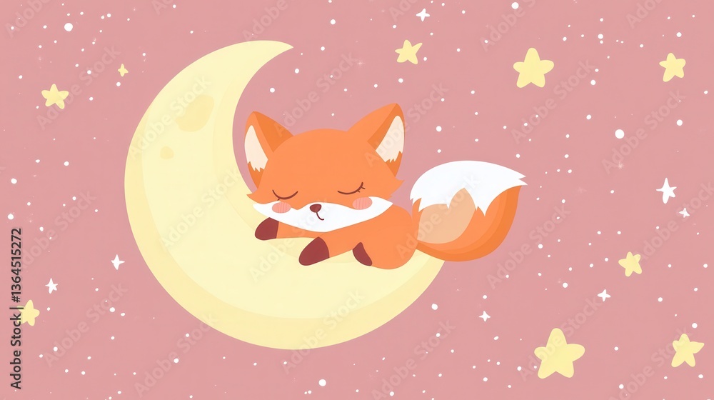 Cute Fox Sleeping on Moon with Night Sky, and Stars. Cute Fox Sleeping on Moon with Night Sky, and Stars.