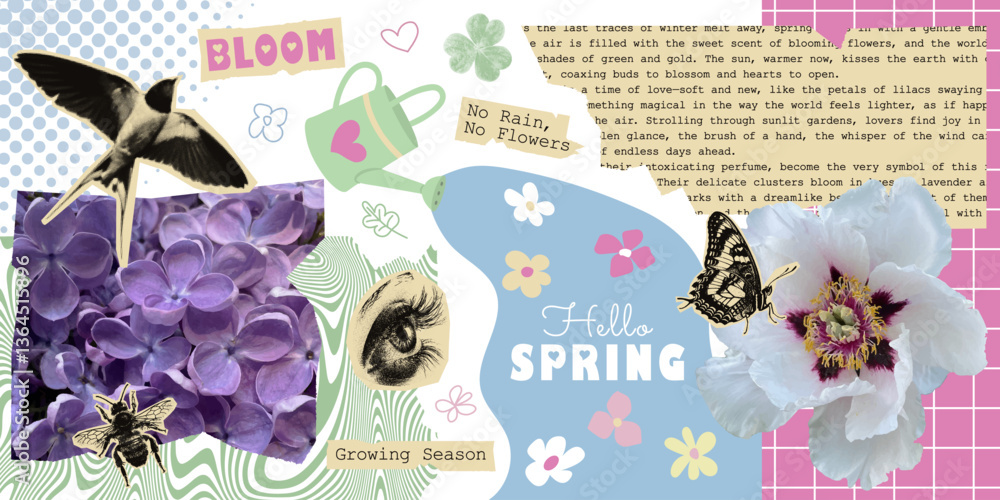Obraz premium Abstract contemporary spring halftone collage. Retro aesthetic seasonal clipart set with lilac, swallow, flowers, and vintage elements for scrapbooking, posters, stickers, and digital art projects