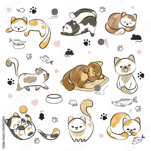 Cute cats and funny kittens in vector. Character collection in different poses. Set of adorable pets isolated on white background.