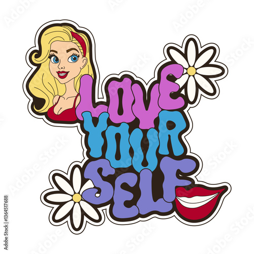 Groovy Love Yourself  Sticker vector illustration. Playful Coquettish Sticker isolated transparent backgorund. Perfect for social media and web. EPS 10