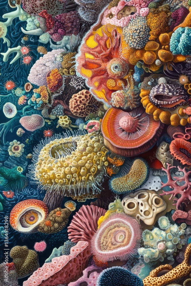 Microscopic view of a vibrant coral reef teeming with millions of diverse marine life and colorful biodiversity. Microscopic view of a vibrant coral reef teeming with millions of diverse marine life and colorful biodiversity.