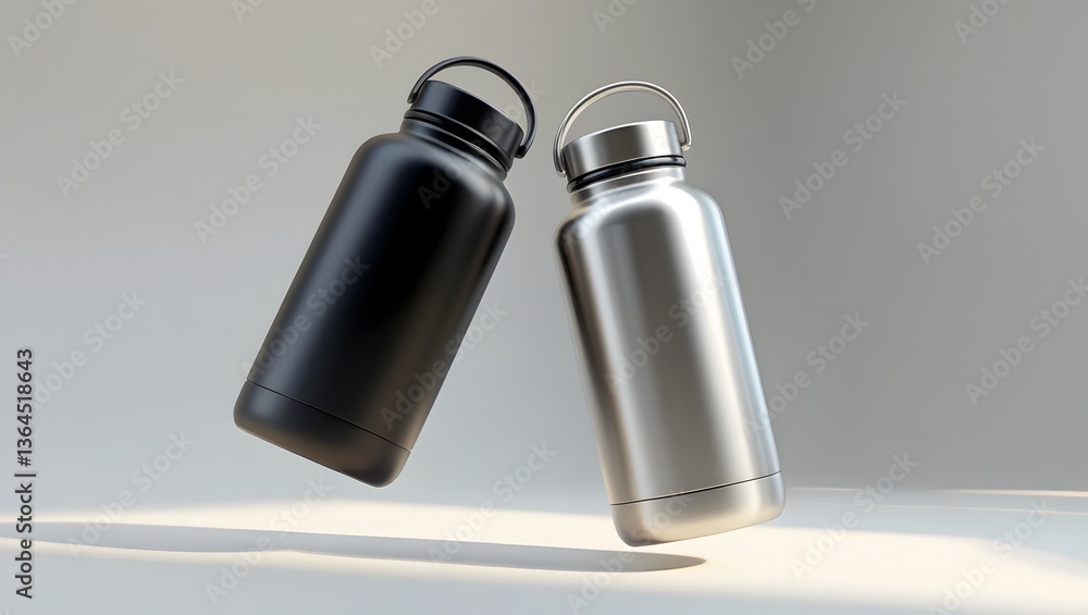 Stainless Steel Water Bottle Mockup - Black and Silver floating with Handle Lid Stainless Steel Water Bottle Mockup - Black and Silver floating with Handle Lid