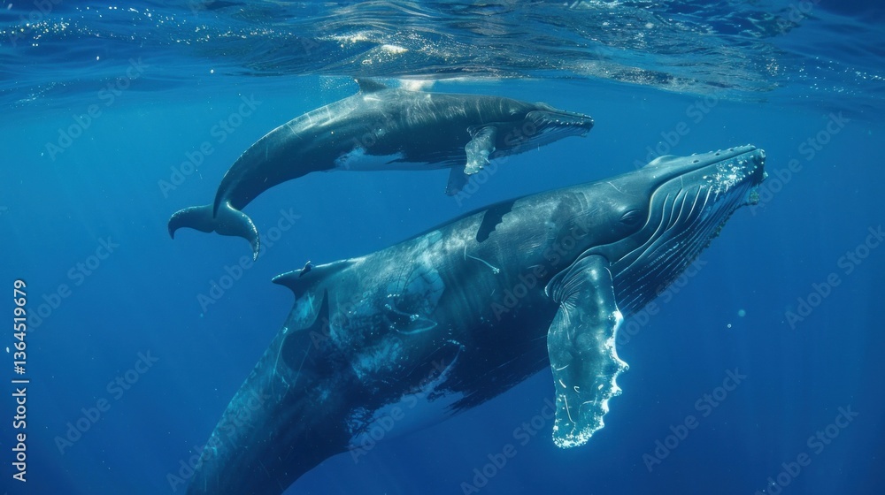 Fototapeta premium A mother and baby whale swimming together in the ocean.