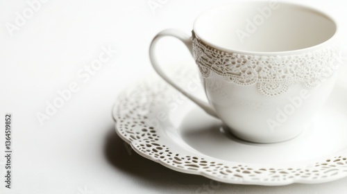 Elegant White Cup with Delicate Lace Design on Saucer photo