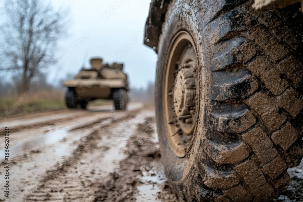 wheels of a military tank. military vehicle on a muddy road wheels of a military tank. military vehicle on a muddy road