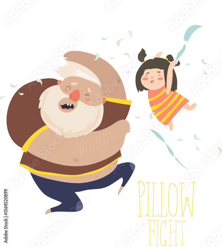 Dad and daughter playing pillow. Vector illustration