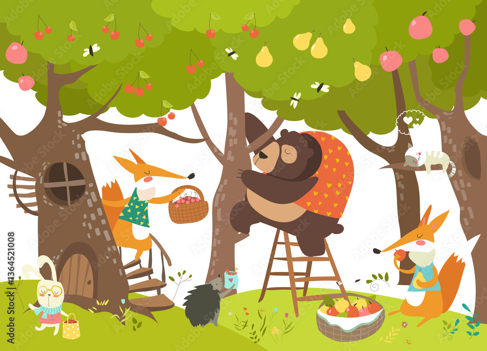 Cute animals harvesting. Happy summer. Vector illustration