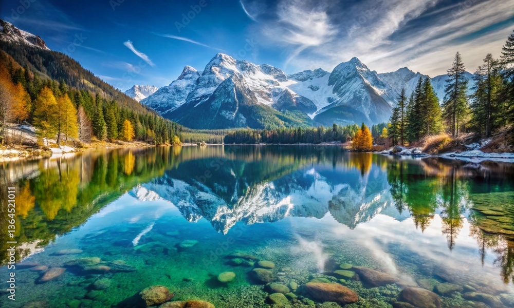 Fototapeta premium Crystal clear lake reflecting snow-capped mountains, peaceful scenery.